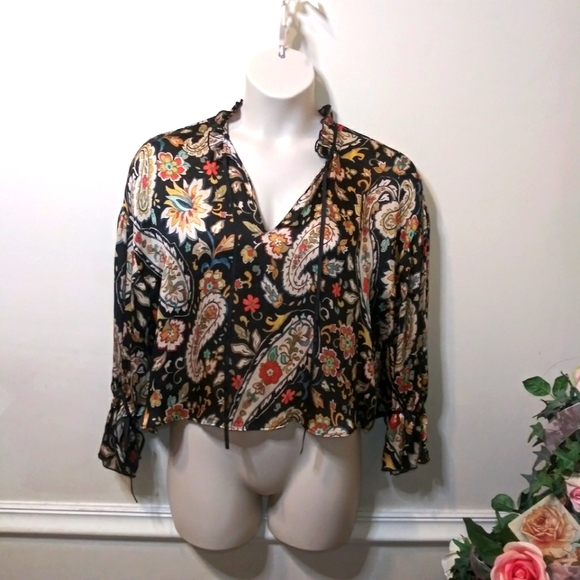 Zara Black, Rust, Ivory & Turquoise Boho Paisley Floral Cropped Gauzy Blouse - Picture 4 of 12